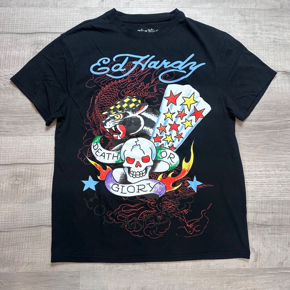 Men's ED HARDY Death Or Glory Black T-Shirt Size Medium Skull Panther Dbl Sided